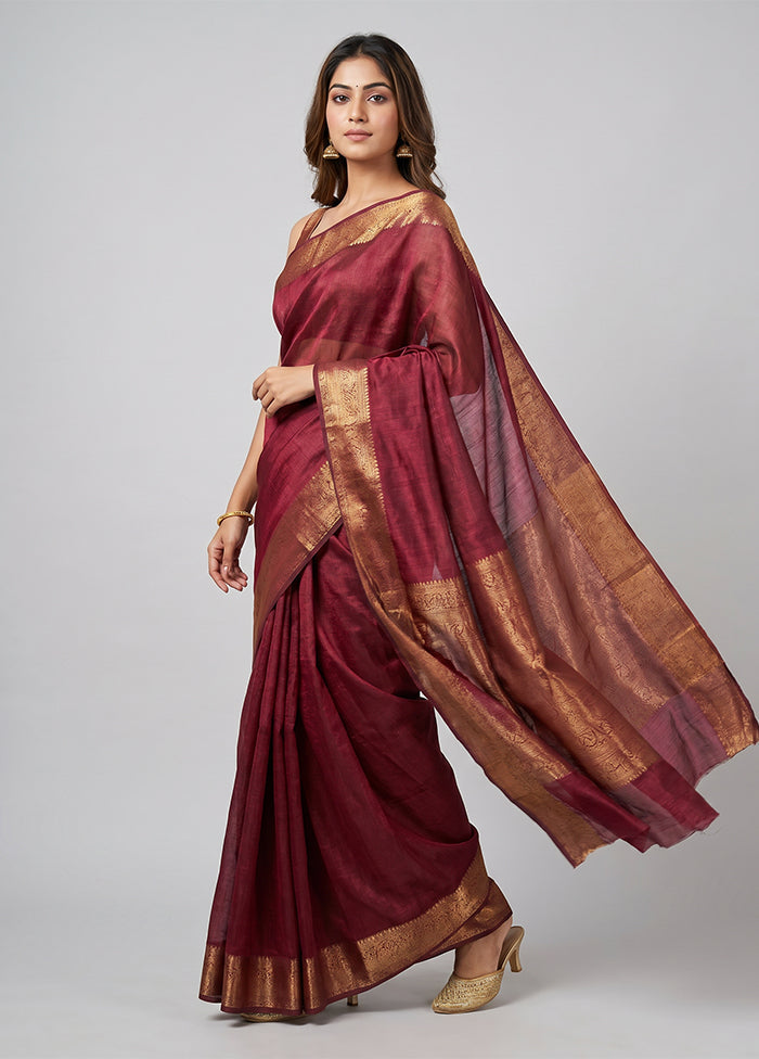 Maroon Handloom Tussar Pure Silk Saree With Blouse Piece