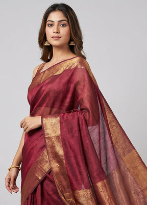 Maroon Handloom Tussar Pure Silk Saree With Blouse Piece