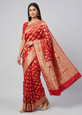 Red Handloom Banarasi Pure Silk Saree With Blouse Piece