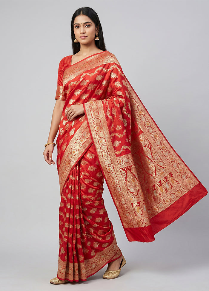 Red Handloom Banarasi Pure Silk Saree With Blouse Piece