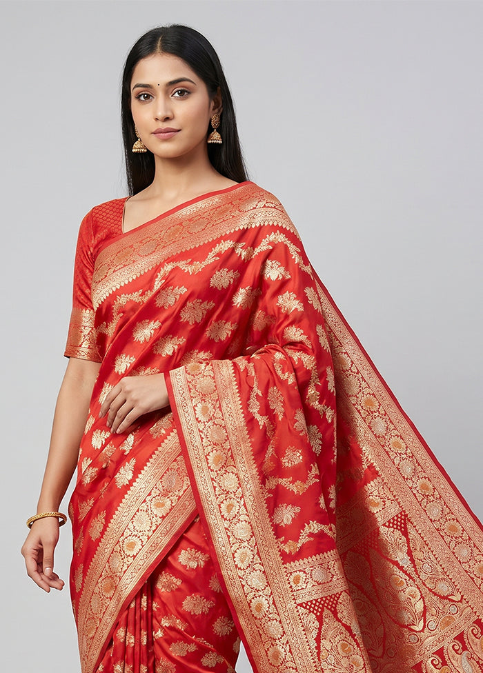 Red Handloom Banarasi Pure Silk Saree With Blouse Piece