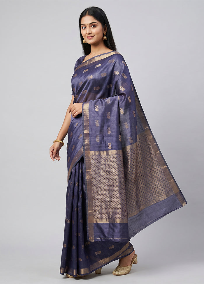 Blue Handloom Tussar Pure Silk Saree With Blouse Piece