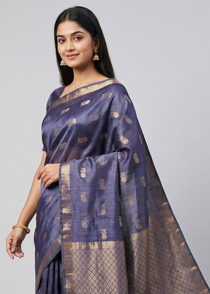 Blue Handloom Tussar Pure Silk Saree With Blouse Piece