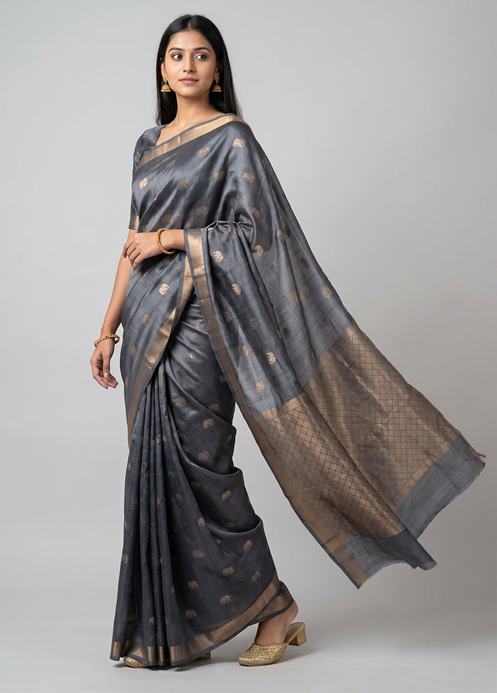 Grey Handloom Tussar Pure Silk Saree With Blouse Piece