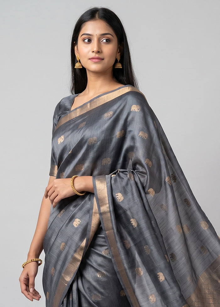 Grey Handloom Tussar Pure Silk Saree With Blouse Piece