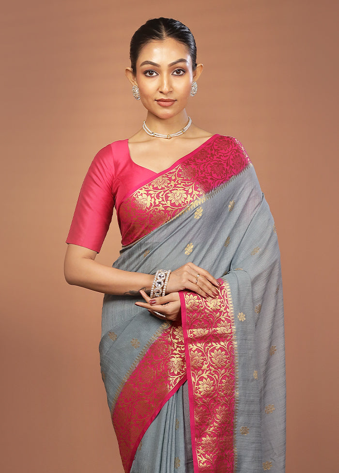 Grey Dupion Silk Saree With Blouse Piece