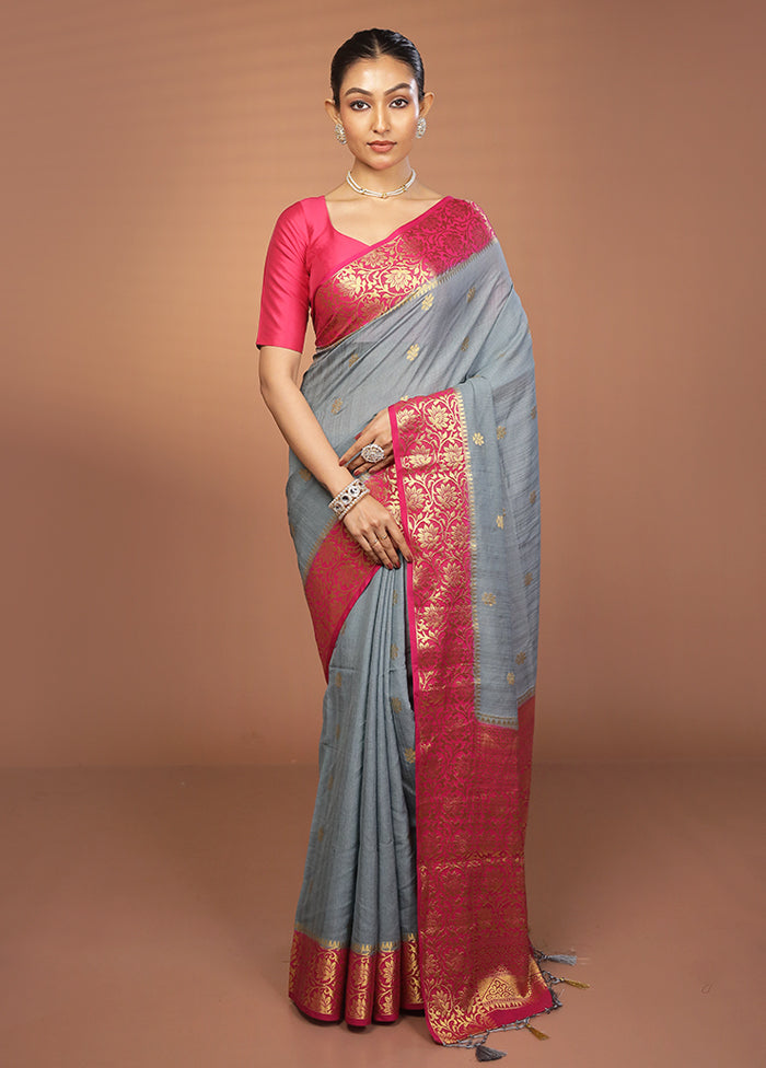 Grey Dupion Silk Saree With Blouse Piece