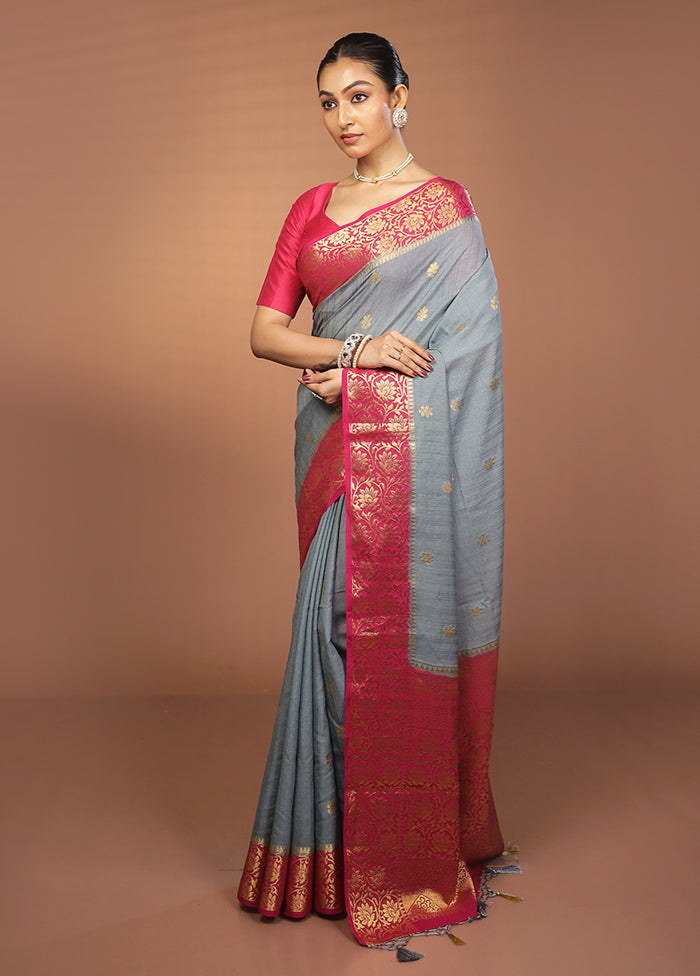 Grey Dupion Silk Saree With Blouse Piece