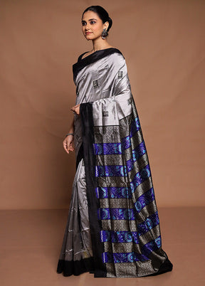 Grey Handloom Bomkai Pure Silk Saree With Blouse Piece