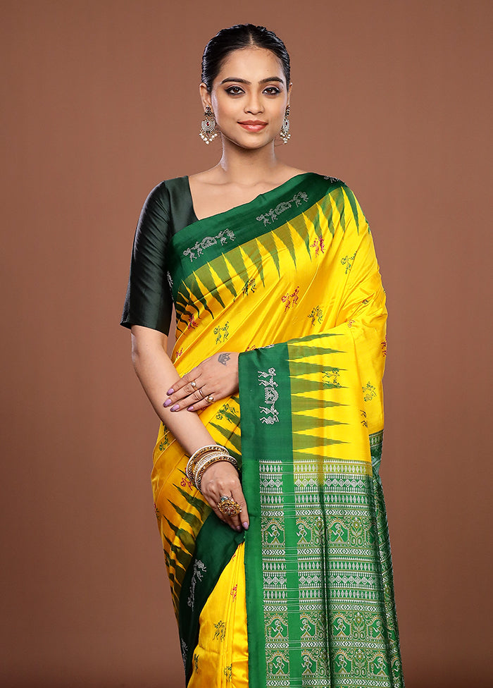 Yellow Handloom Bomkai Pure Silk Saree With Blouse Piece