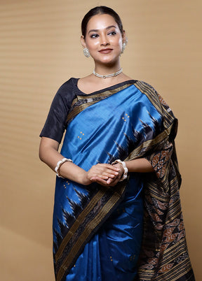 Blue Handloom Ikkat Pure Silk Saree Without Blouse Piece