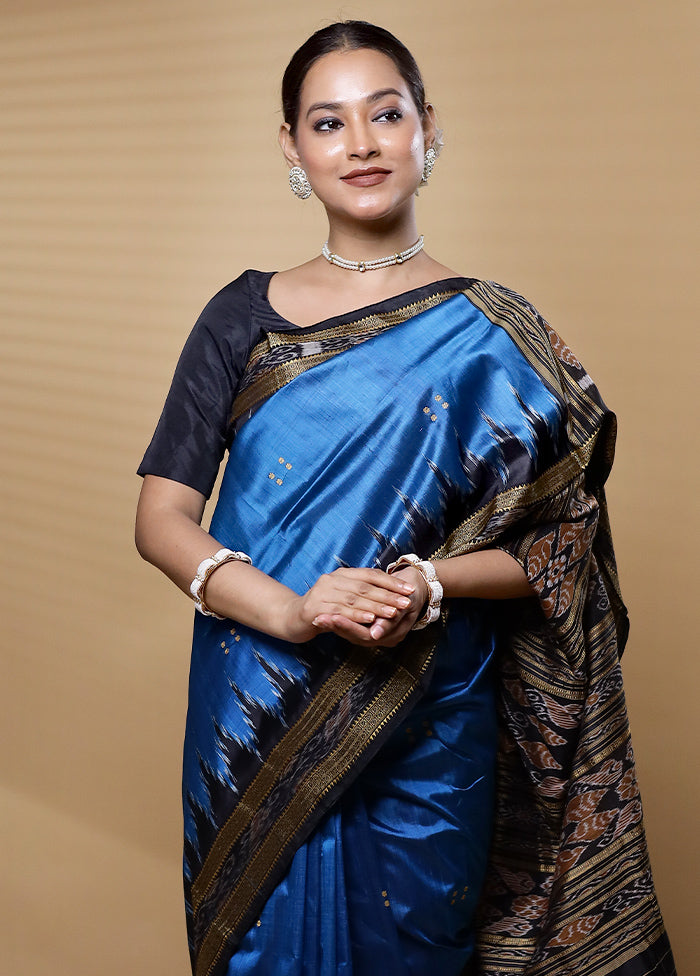 Blue Handloom Ikkat Pure Silk Saree Without Blouse Piece