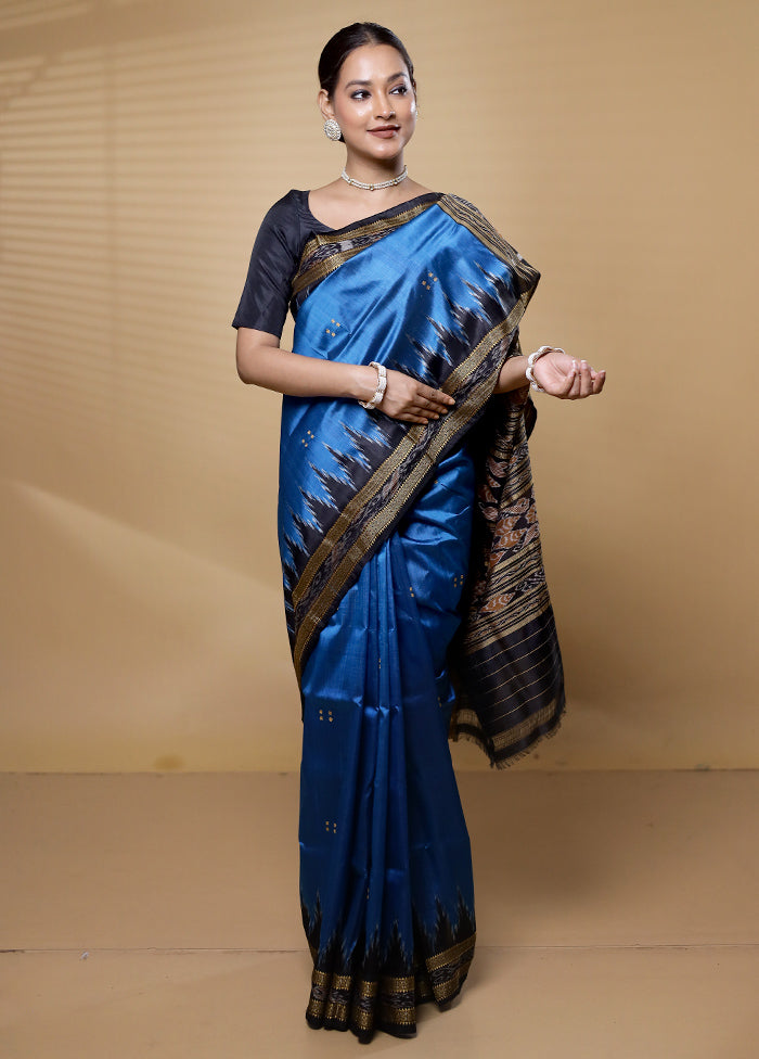 Blue Handloom Ikkat Pure Silk Saree Without Blouse Piece