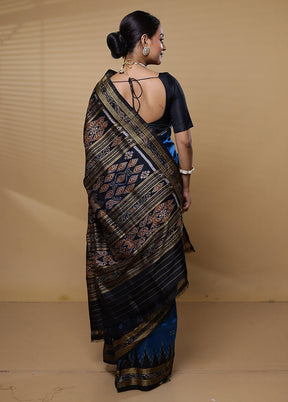 Blue Handloom Ikkat Pure Silk Saree Without Blouse Piece