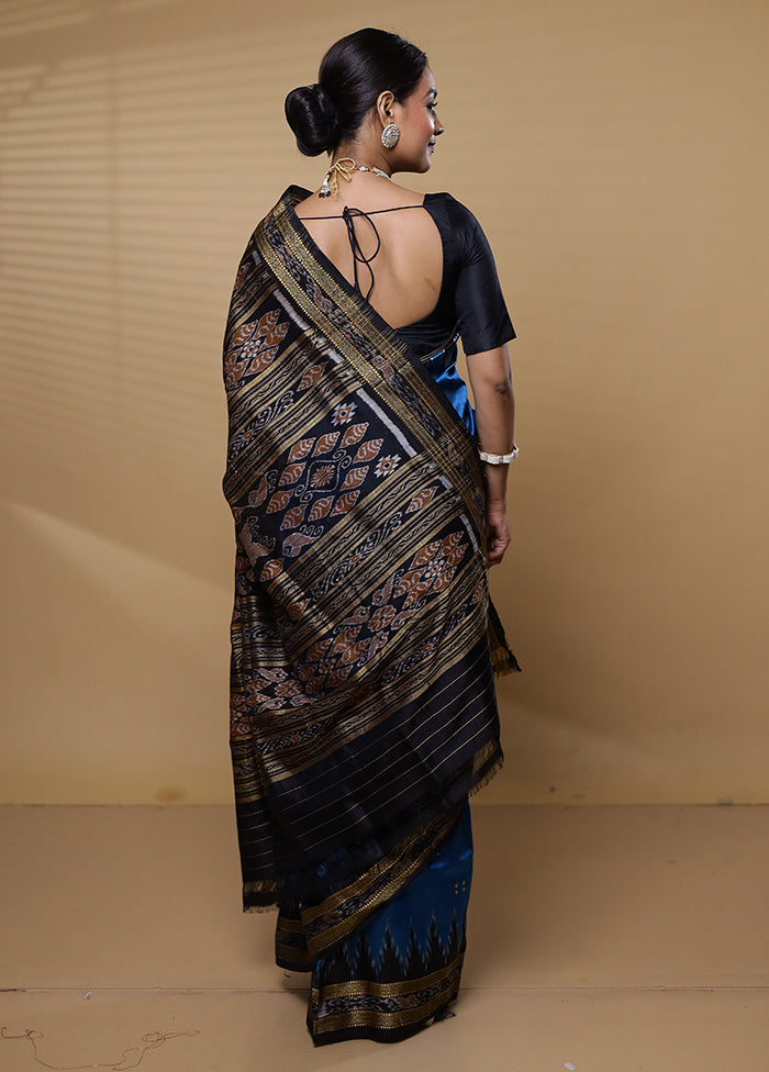 Blue Handloom Ikkat Pure Silk Saree Without Blouse Piece