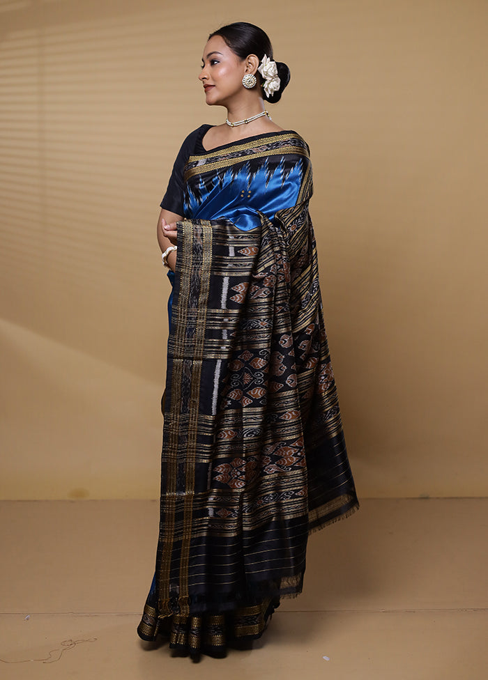 Blue Handloom Ikkat Pure Silk Saree Without Blouse Piece