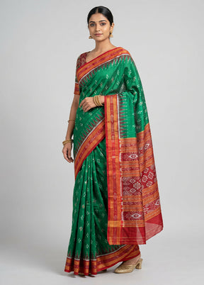 Green Handloom Patola Pure Silk Saree With Blouse Piece