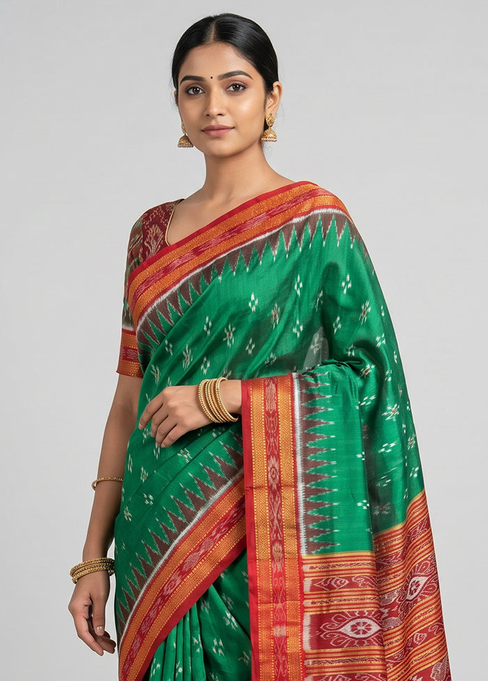 Green Handloom Patola Pure Silk Saree With Blouse Piece