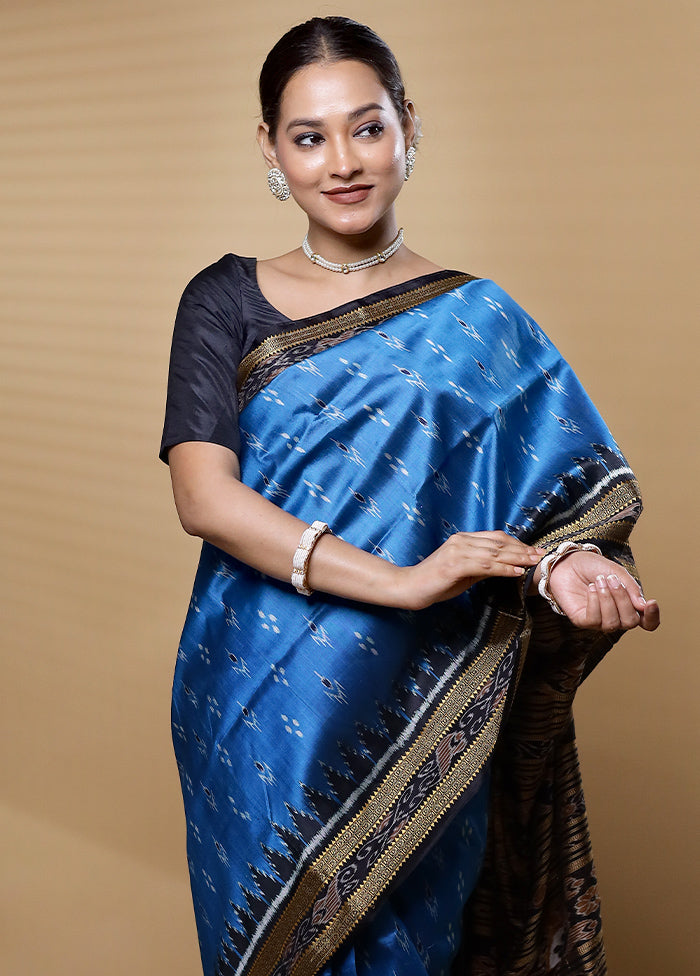 Blue Handloom Ikkat Pure Silk Saree Without Blouse Piece