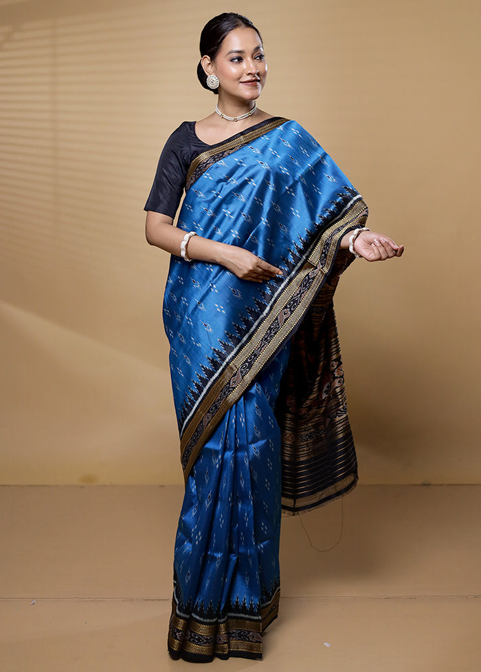 Blue Handloom Ikkat Pure Silk Saree Without Blouse Piece