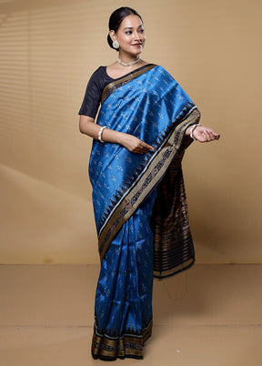 Blue Handloom Ikkat Pure Silk Saree Without Blouse Piece