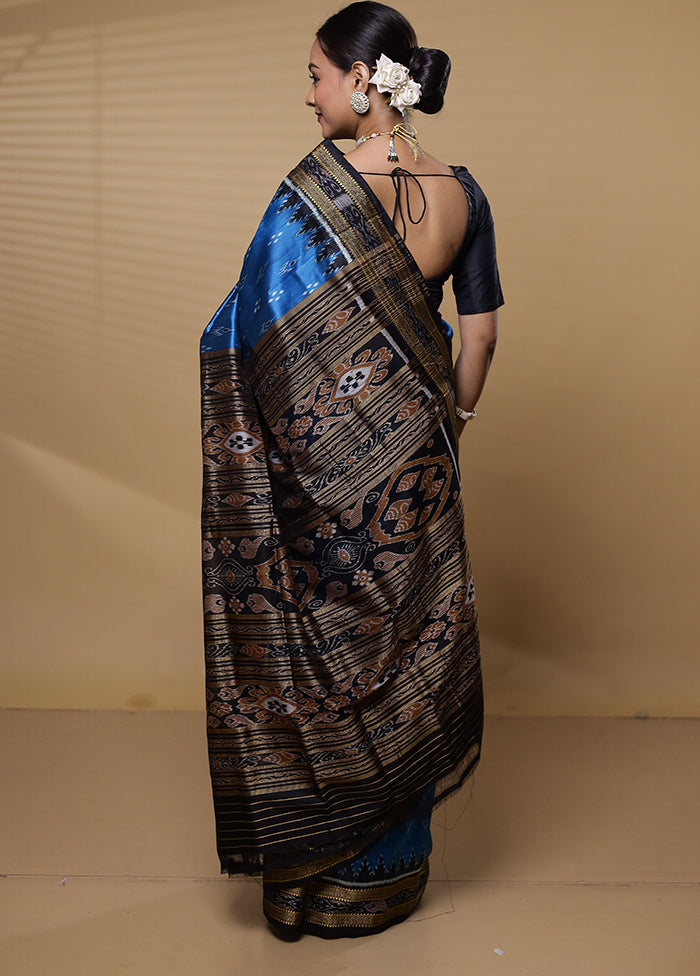 Blue Handloom Ikkat Pure Silk Saree Without Blouse Piece