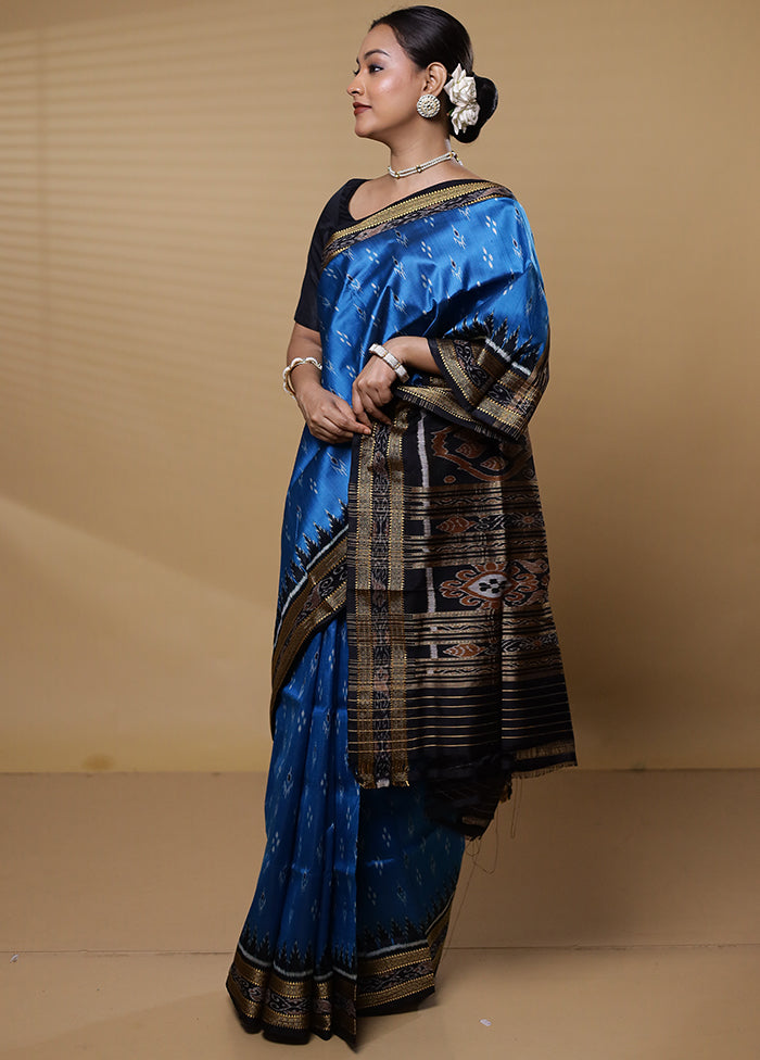 Blue Handloom Ikkat Pure Silk Saree Without Blouse Piece