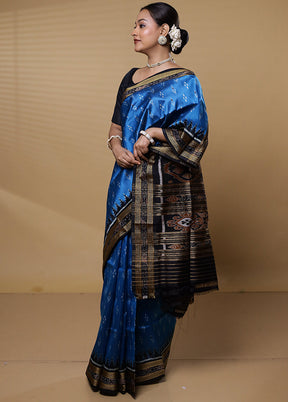 Blue Handloom Ikkat Pure Silk Saree Without Blouse Piece