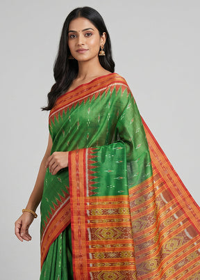 Green Handloom Patola Pure Silk Saree With Blouse Piece