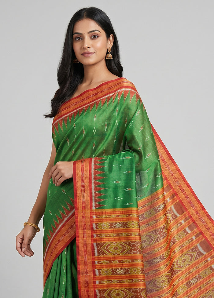 Green Handloom Patola Pure Silk Saree With Blouse Piece