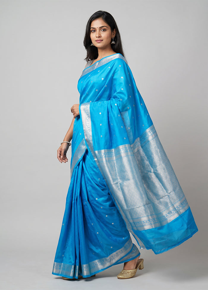 Blue Handloom Kanjivaram Pure Silk Saree With Blouse Piece
