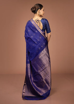 Blue Handloom Kanjivaram Pure Silk Saree With Blouse Piece