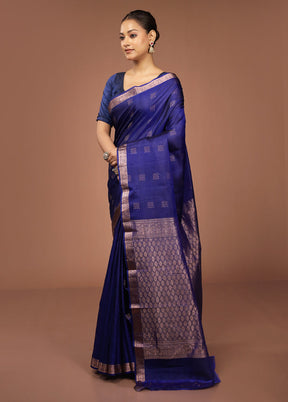 Blue Handloom Kanjivaram Pure Silk Saree With Blouse Piece