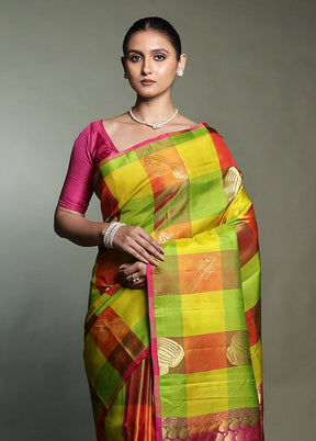 Multicolor Handloom Kanjivaram Pure Silk Saree With Blouse Piece