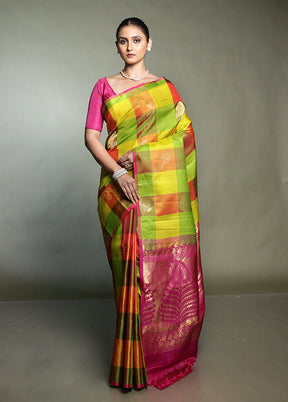 Multicolor Handloom Kanjivaram Pure Silk Saree With Blouse Piece