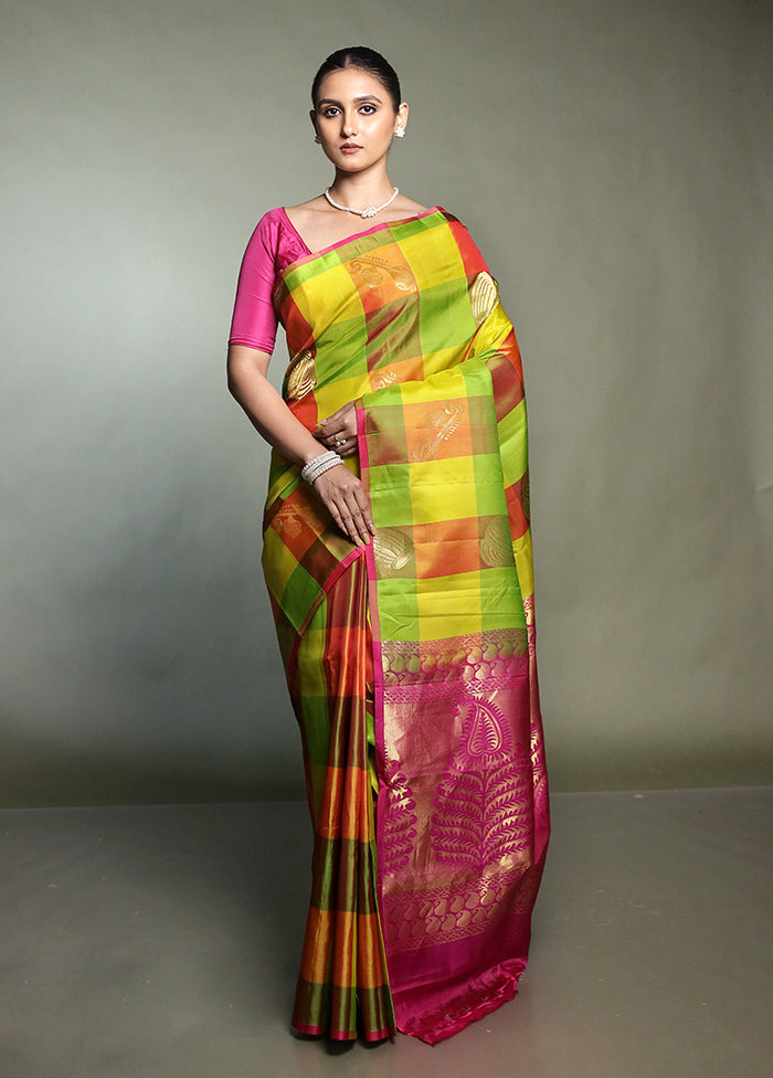 Multicolor Handloom Kanjivaram Pure Silk Saree With Blouse Piece