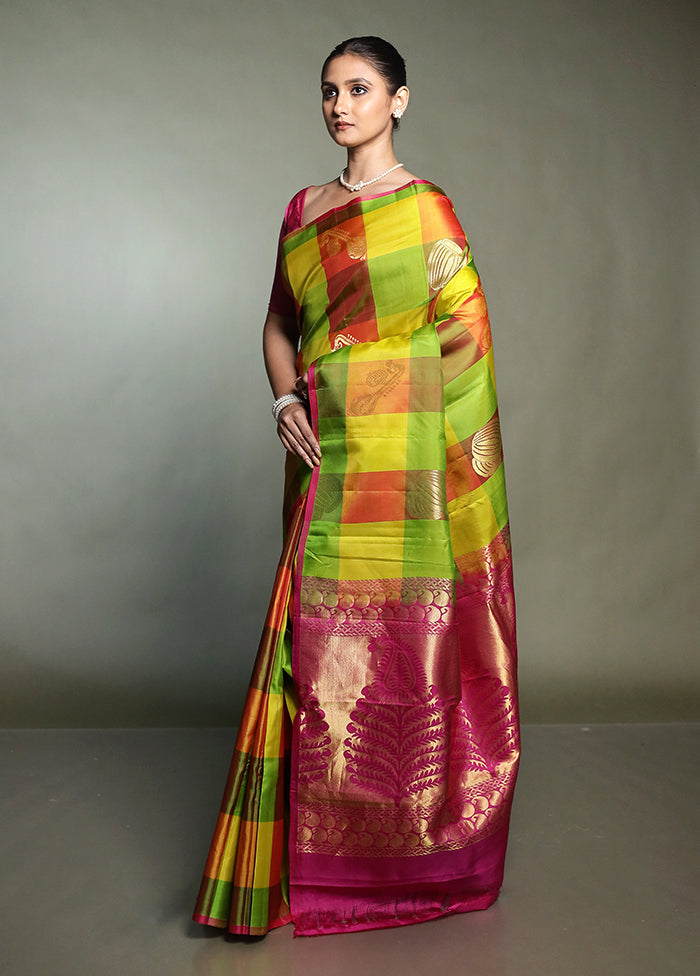 Multicolor Handloom Kanjivaram Pure Silk Saree With Blouse Piece