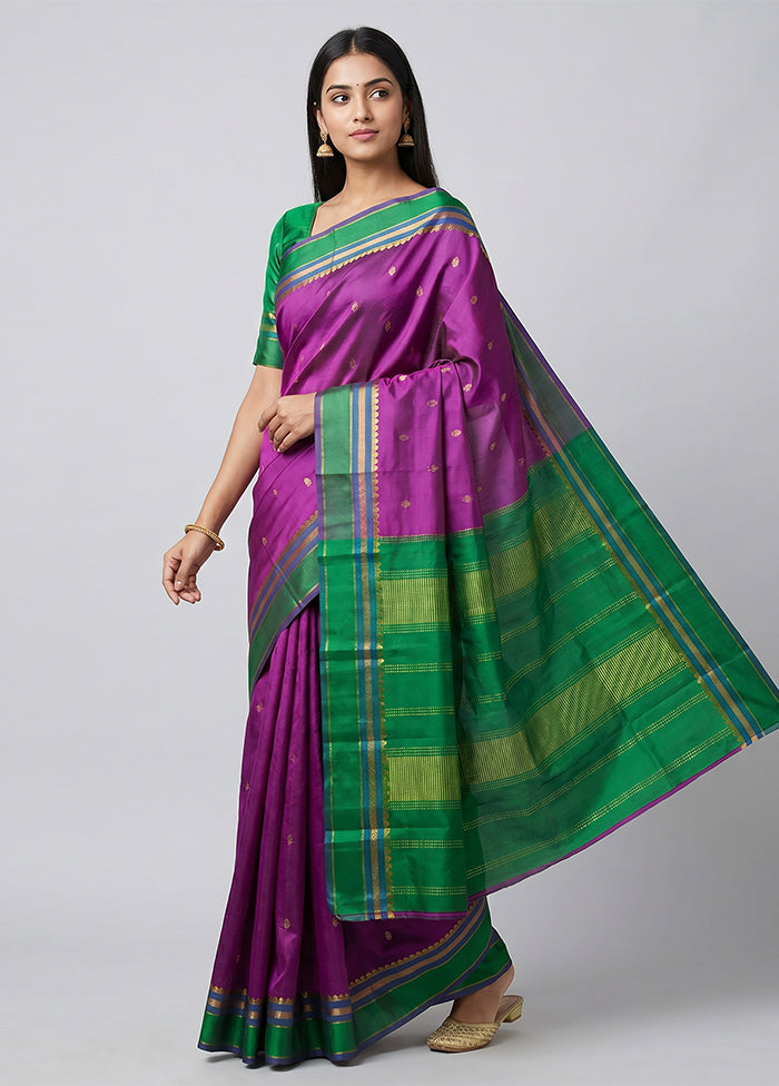 Purple Handloom Kanjivaram Pure Silk Saree With Blouse Piece