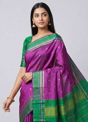 Purple Handloom Kanjivaram Pure Silk Saree With Blouse Piece