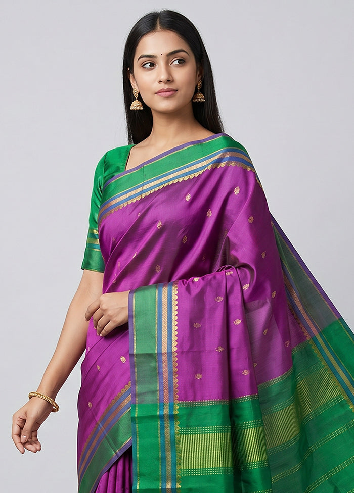 Purple Handloom Kanjivaram Pure Silk Saree With Blouse Piece