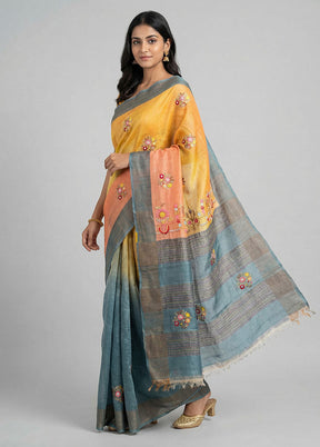 Cream Handloom Tussar Pure Silk Saree With Blouse Piece