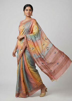 Multicolor Handloom Tussar Pure Silk Saree With Blouse Piece