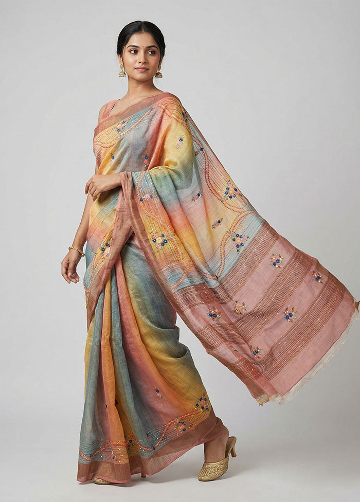 Multicolor Handloom Tussar Pure Silk Saree With Blouse Piece
