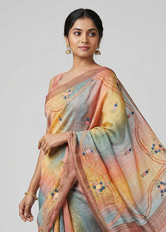 Multicolor Handloom Tussar Pure Silk Saree With Blouse Piece