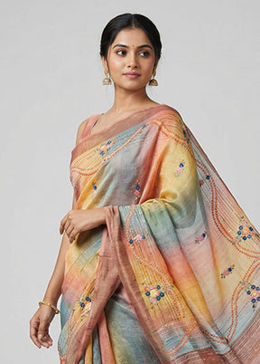 Multicolor Handloom Tussar Pure Silk Saree With Blouse Piece
