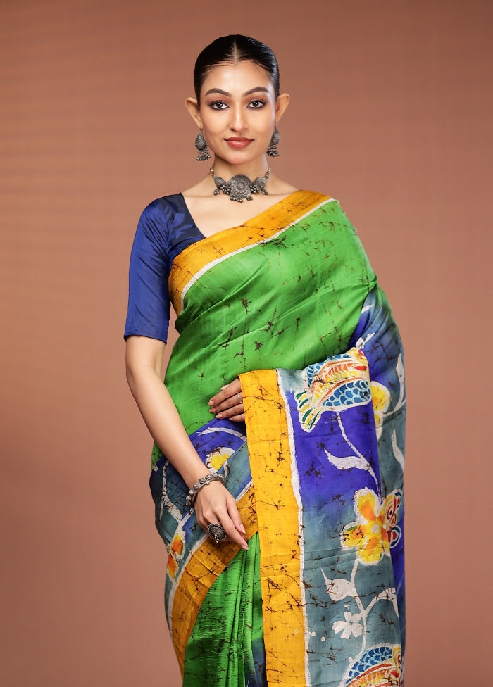 Green Printed Pure Silk Saree Without Blouse Piece