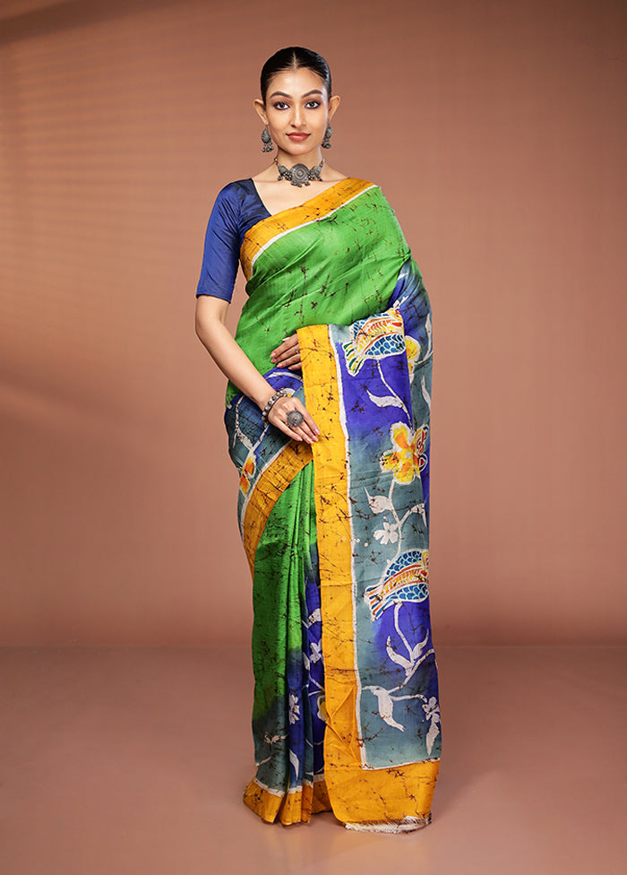 Green Printed Pure Silk Saree Without Blouse Piece