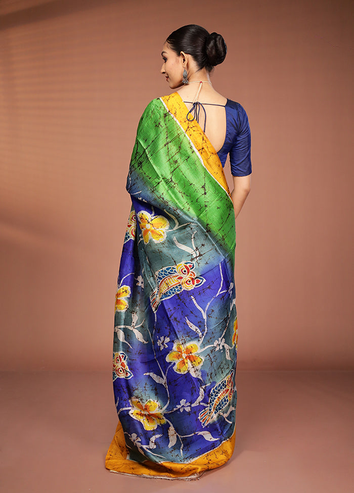 Green Printed Pure Silk Saree Without Blouse Piece