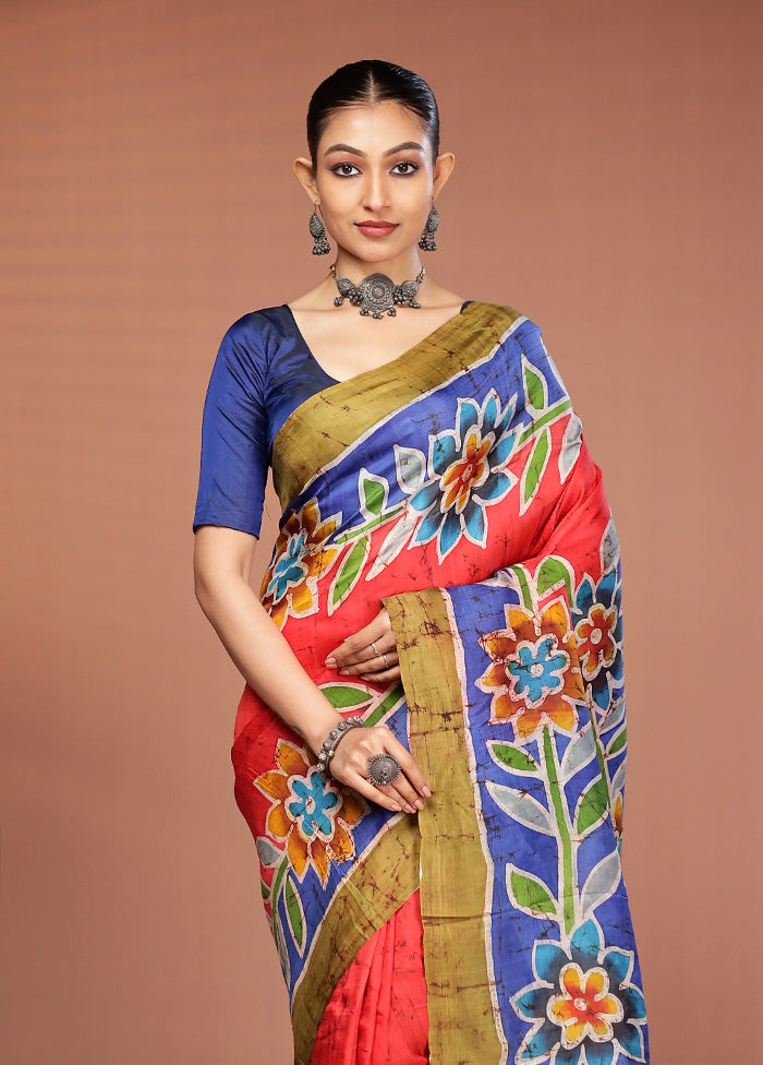 Red Printed Pure Silk Saree Without Blouse Piece