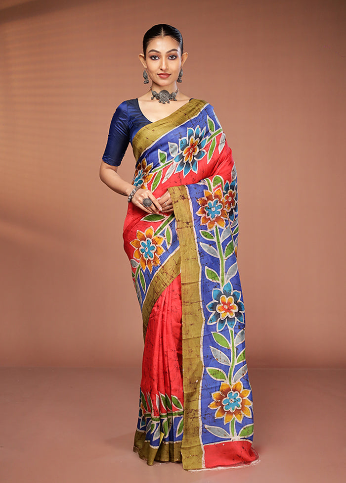 Red Printed Pure Silk Saree Without Blouse Piece